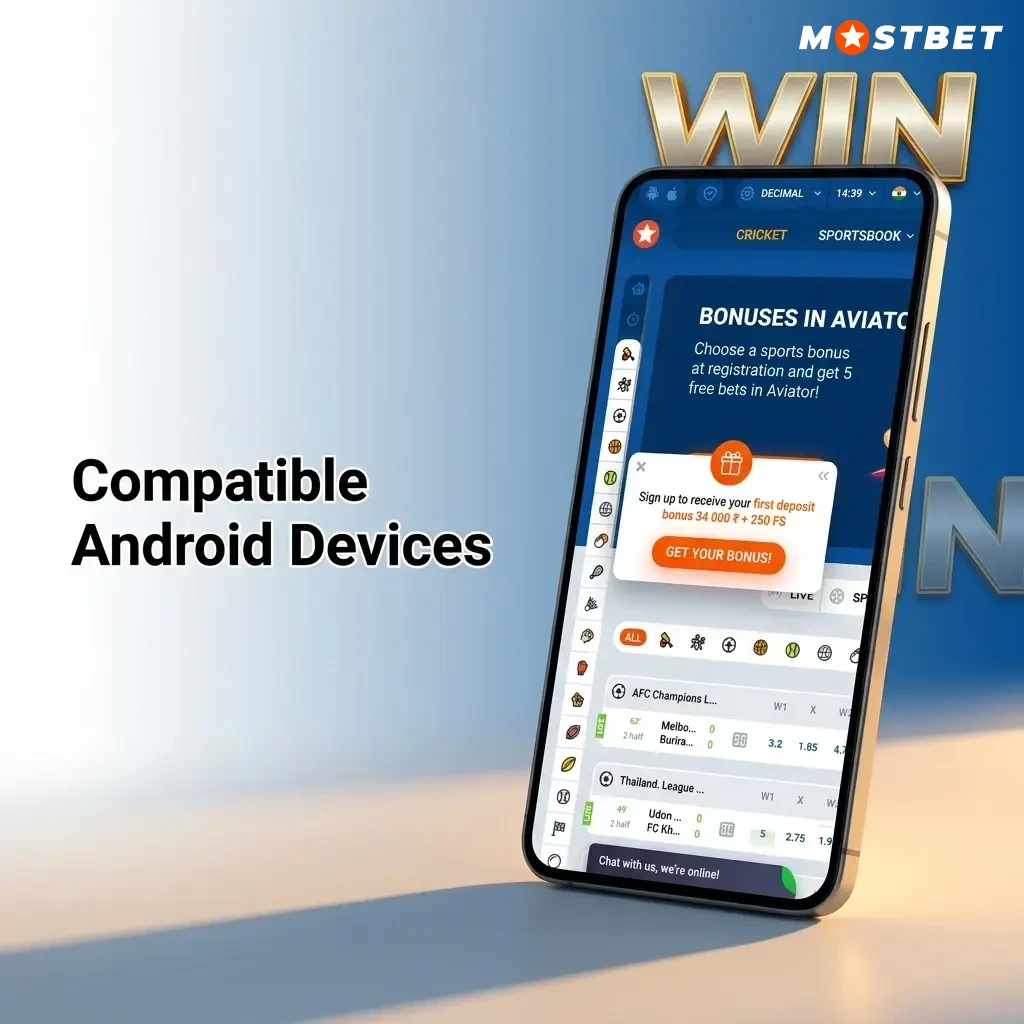 Compatible Android devices for Mostbet app including Samsung, Redmi, Realme, OnePlus, Vivo, OPPO and Motorola models